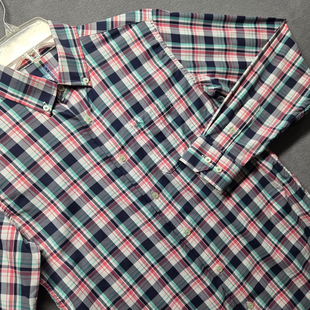 Southern Tide Intercoastal Plaid Button Down Shirt Youth 16 XL Blue Pink Stretch